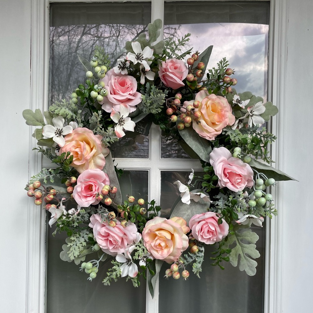 The Farmhouse Rachel Ashwell Spring Floral Wreath with Pink and Peach Roses 18”
